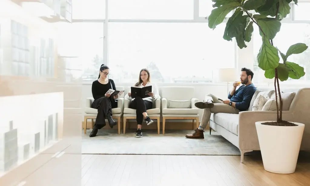 three-people-sitting-in-bright-clinic-waiting-area-reading-and-relaxing-with-large-potted-plant-in-the-foreground
